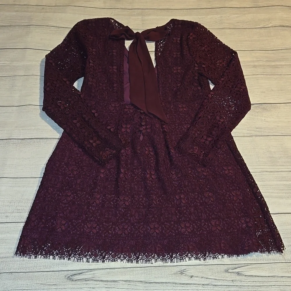 Free People Honey Honey Lace Long Sleeve Mini Dress Burgundy/Purple Size 12 NWOT